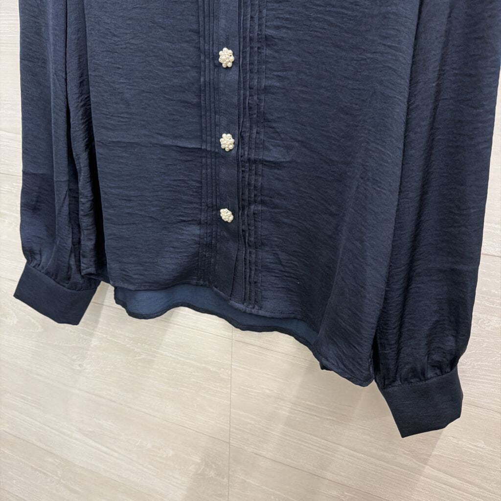 Alex and Lili Navy Long Sleeve Pearl Button Down Top Small