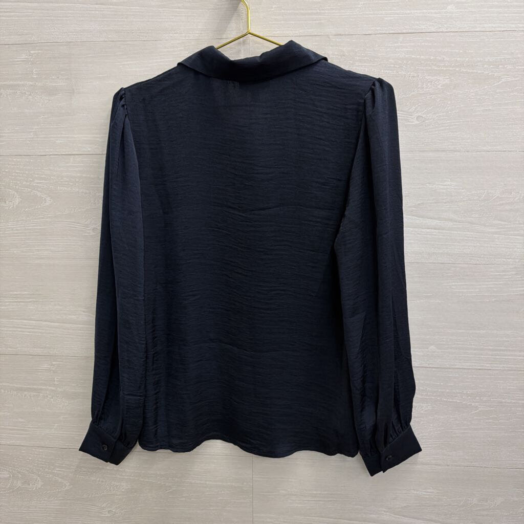 Alex and Lili Navy Long Sleeve Pearl Button Down Top Small