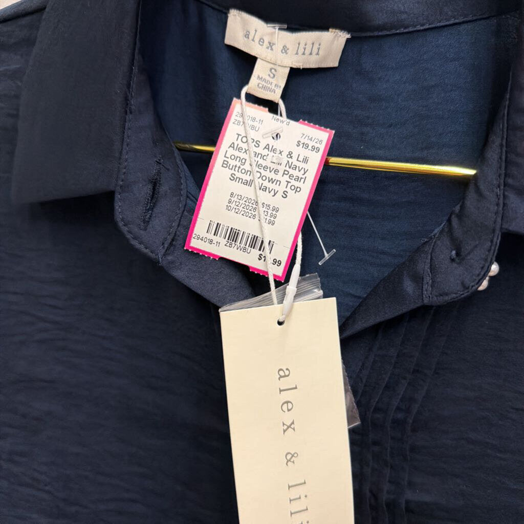 Alex and Lili Navy Long Sleeve Pearl Button Down Top Small