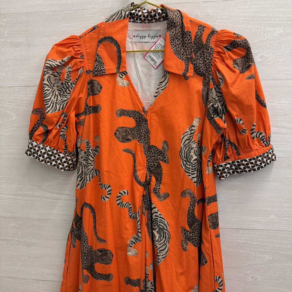 Dizzy Lizzie Orange Animal Print Short Puff Sleeve Midi Dress Extra Small