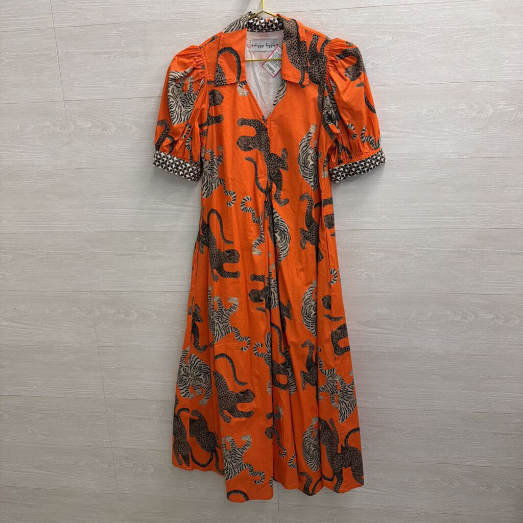 Dizzy Lizzie Orange Animal Print Short Puff Sleeve Midi Dress Extra Small