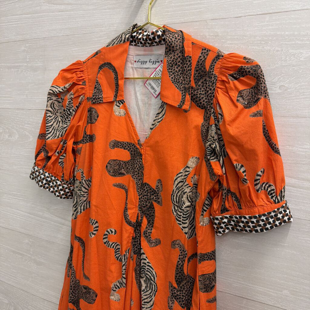 Dizzy Lizzie Orange Animal Print Short Puff Sleeve Midi Dress Extra Small