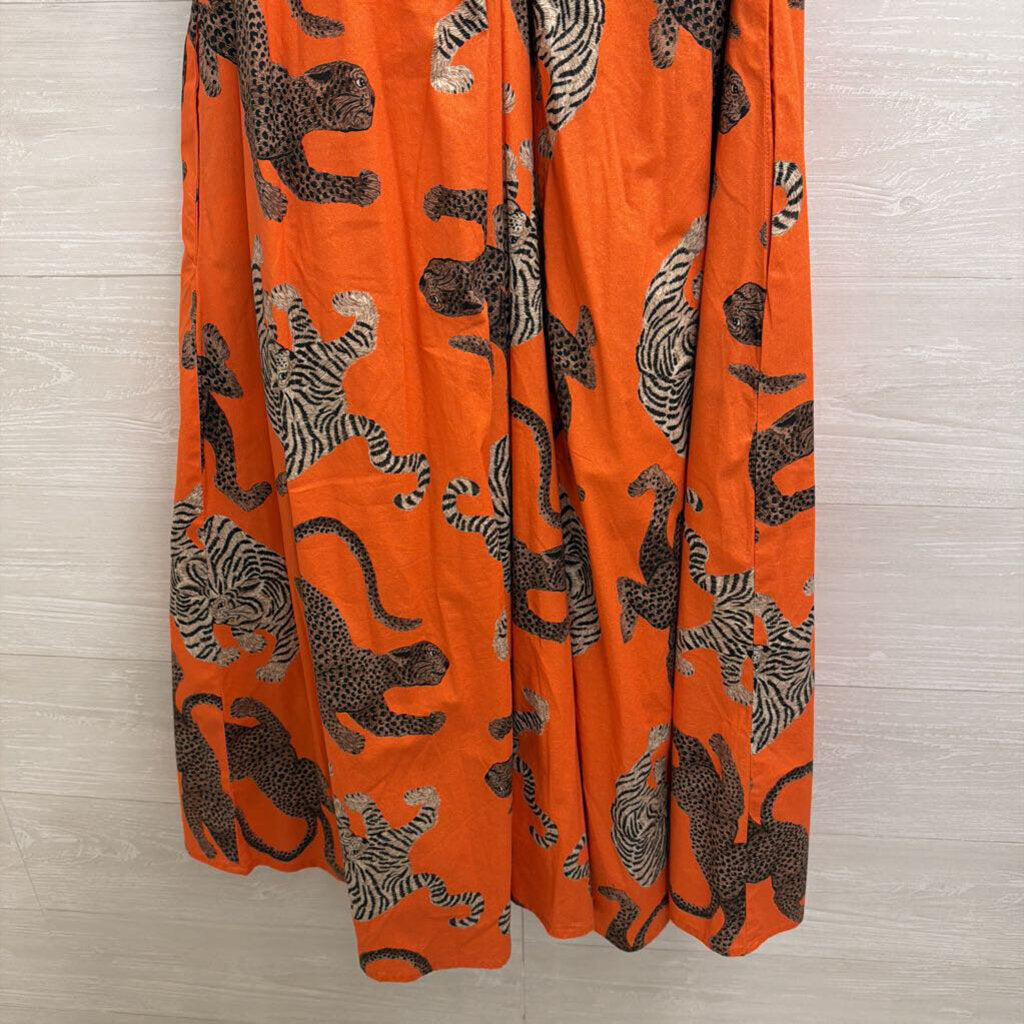 Dizzy Lizzie Orange Animal Print Short Puff Sleeve Midi Dress Extra Small