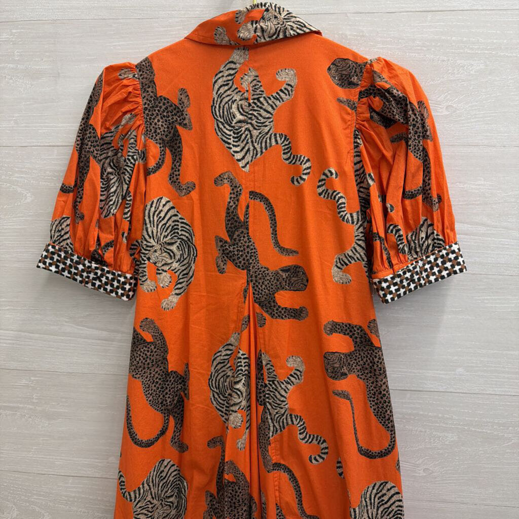 Dizzy Lizzie Orange Animal Print Short Puff Sleeve Midi Dress Extra Small