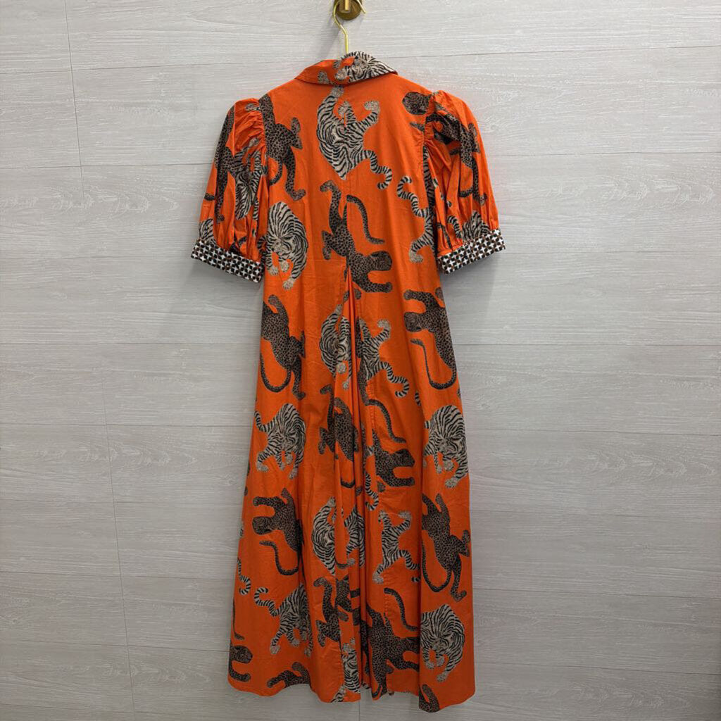Dizzy Lizzie Orange Animal Print Short Puff Sleeve Midi Dress Extra Small