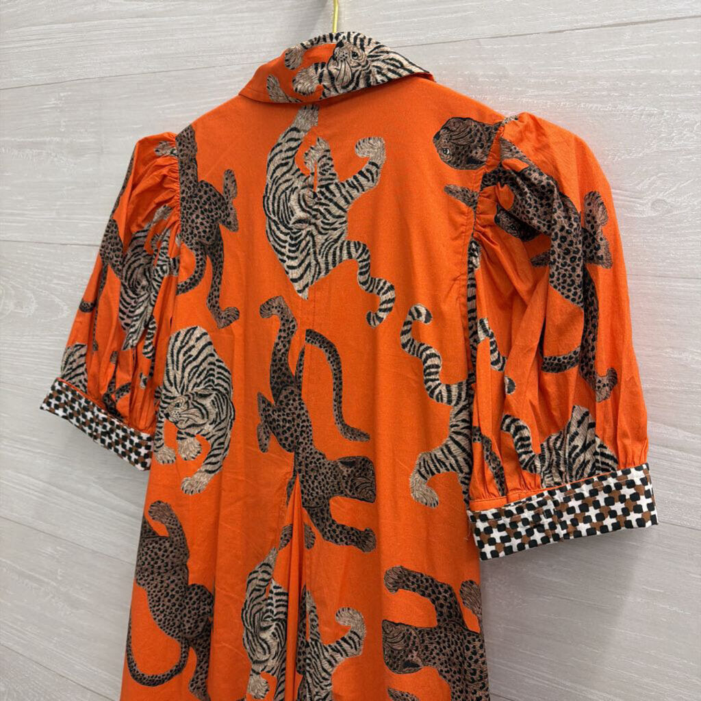 Dizzy Lizzie Orange Animal Print Short Puff Sleeve Midi Dress Extra Small