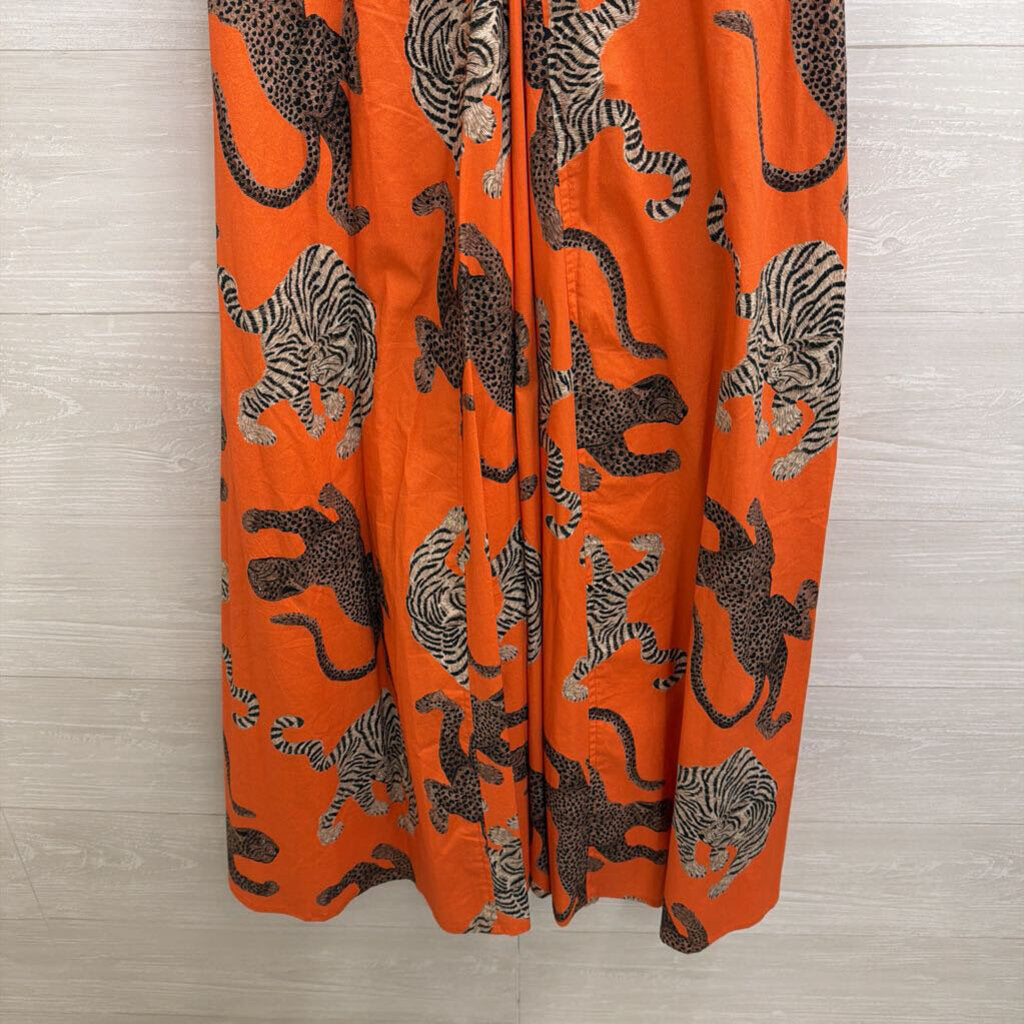 Dizzy Lizzie Orange Animal Print Short Puff Sleeve Midi Dress Extra Small