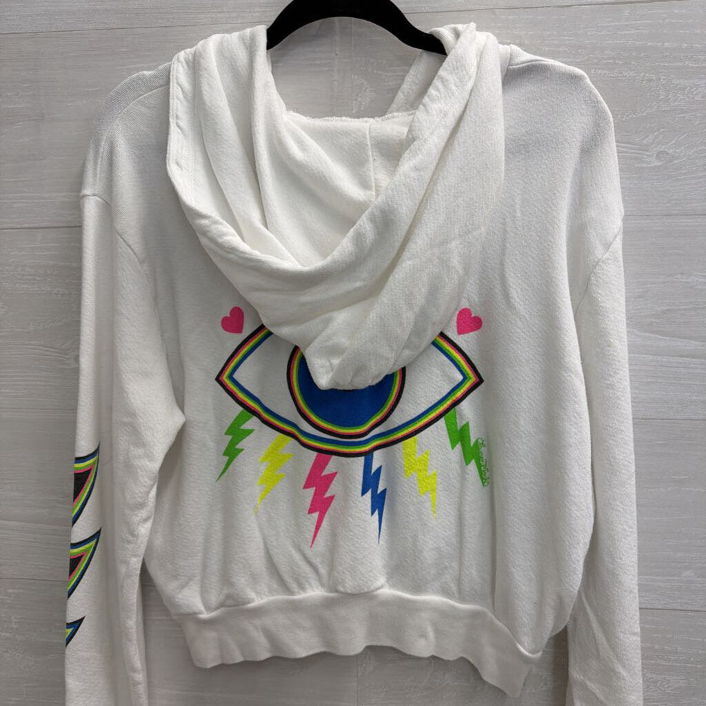 Lauren Moshi White/ Multi Bright Print Cropped Hoodie Small