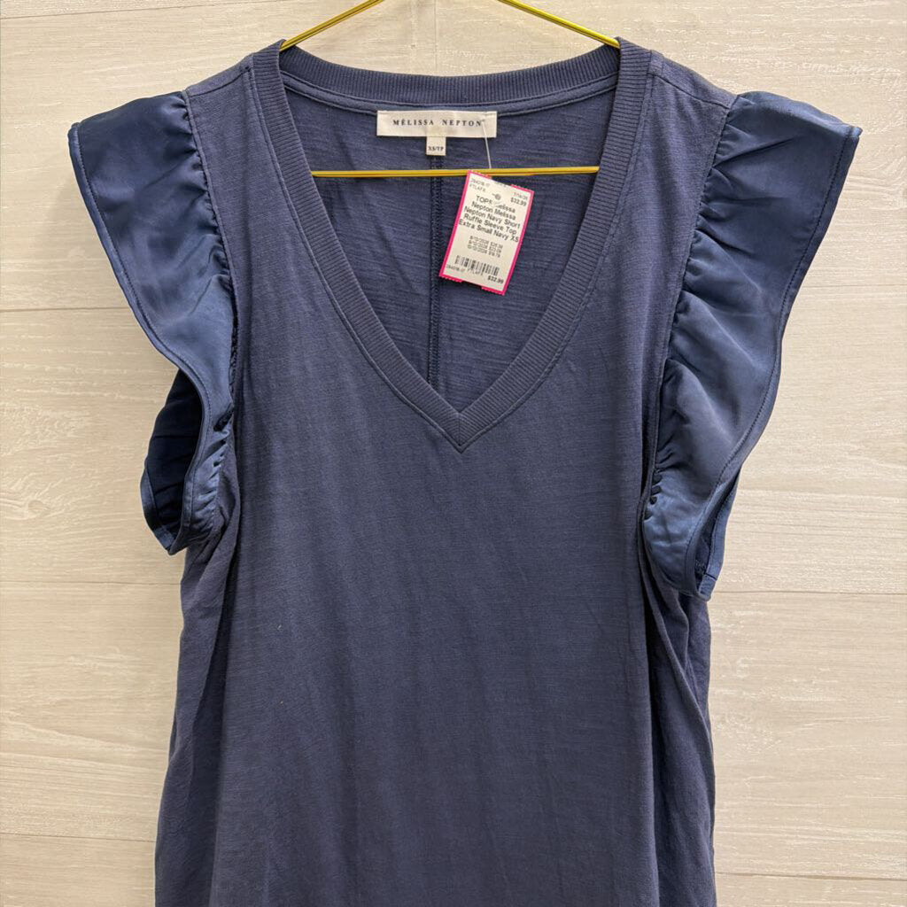 Melissa Nepton Navy Short Ruffle Sleeve Top Extra Small