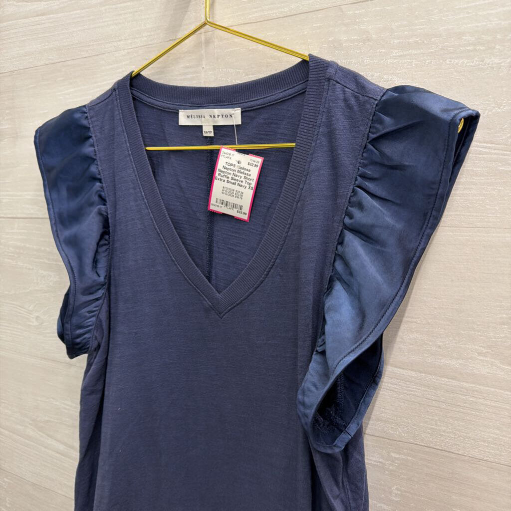 Melissa Nepton Navy Short Ruffle Sleeve Top Extra Small