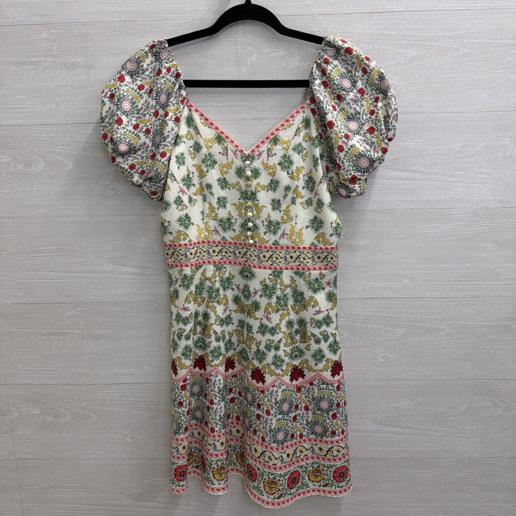 Beulah White/ Multi Print Short Puff Sleeve Dress Small