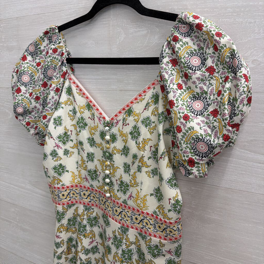 Beulah White/ Multi Print Short Puff Sleeve Dress Small