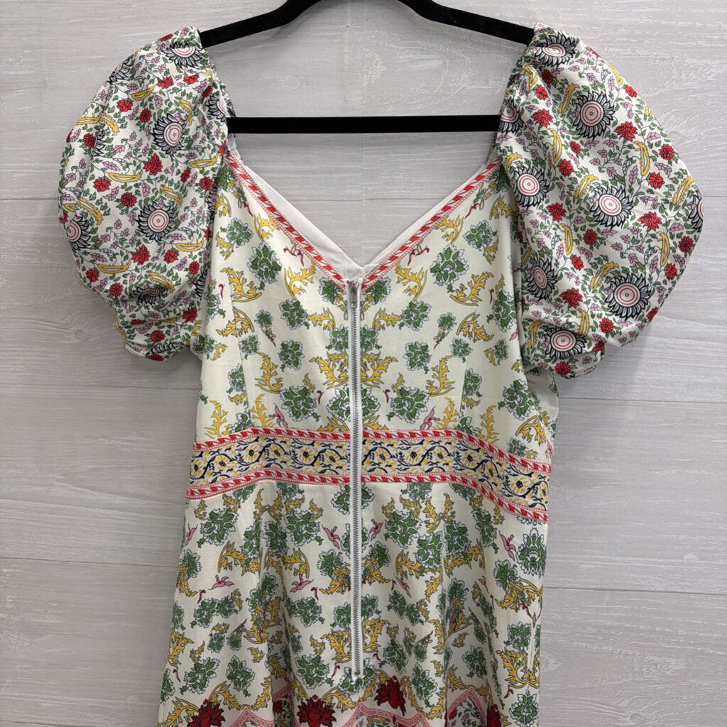 Beulah White/ Multi Print Short Puff Sleeve Dress Small