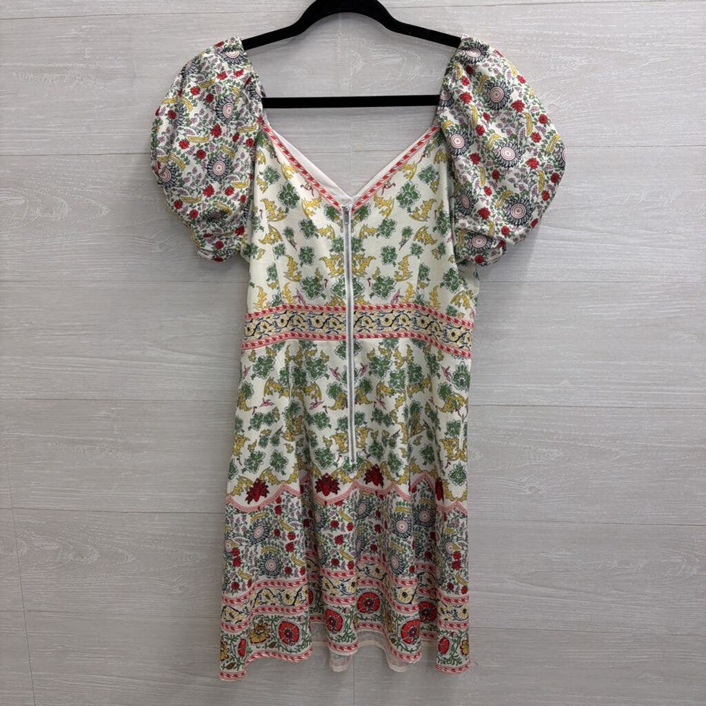Beulah White/ Multi Print Short Puff Sleeve Dress Small