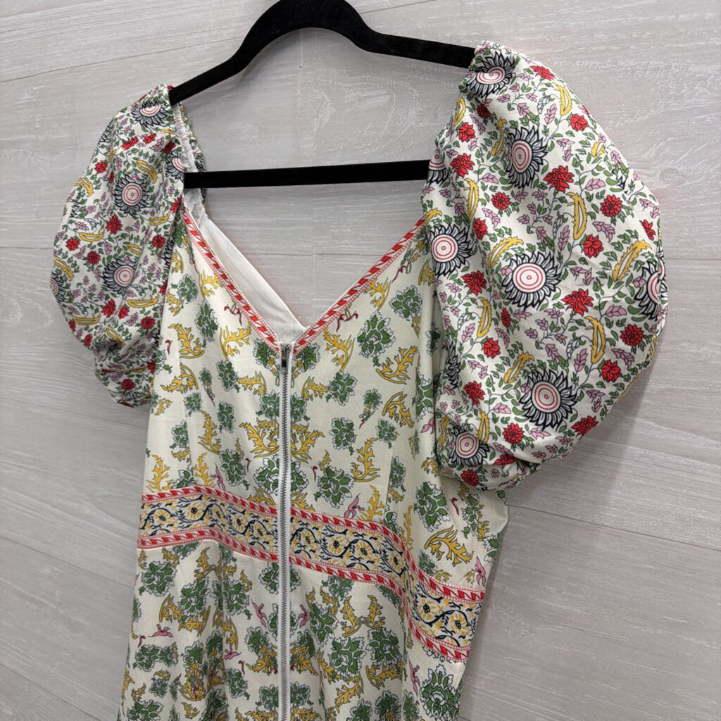 Beulah White/ Multi Print Short Puff Sleeve Dress Small