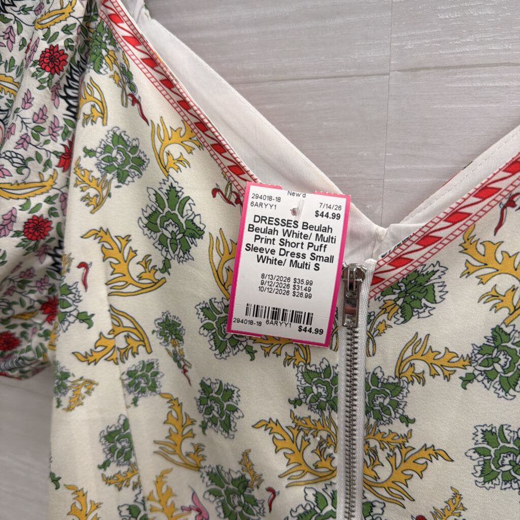 Beulah White/ Multi Print Short Puff Sleeve Dress Small