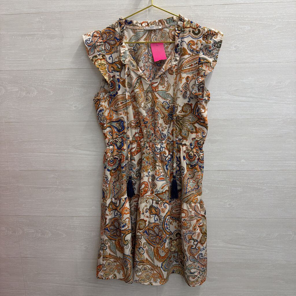 THML White/ Multi Print Short Ruffle Sleeve Dress Extra Small