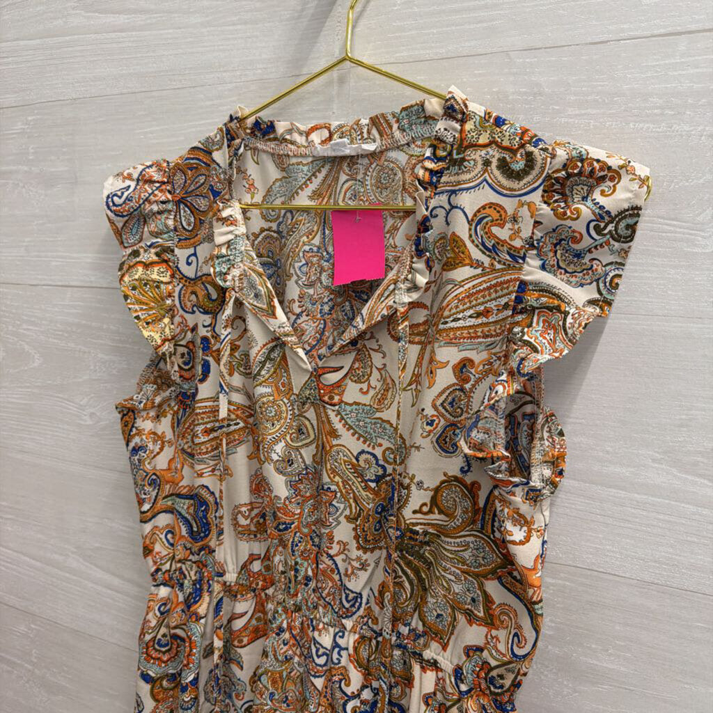 THML White/ Multi Print Short Ruffle Sleeve Dress Extra Small