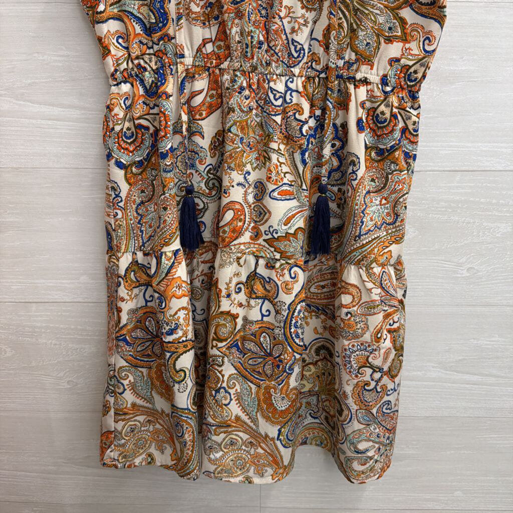 THML White/ Multi Print Short Ruffle Sleeve Dress Extra Small