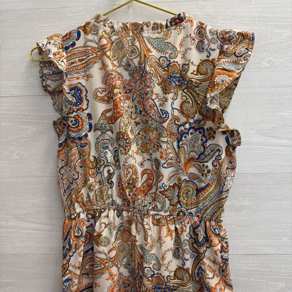 THML White/ Multi Print Short Ruffle Sleeve Dress Extra Small