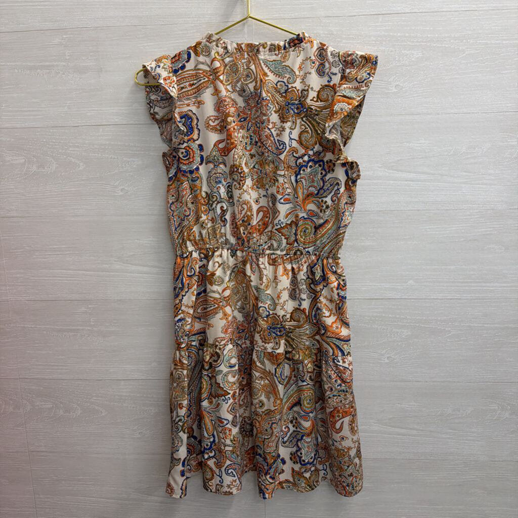 THML White/ Multi Print Short Ruffle Sleeve Dress Extra Small