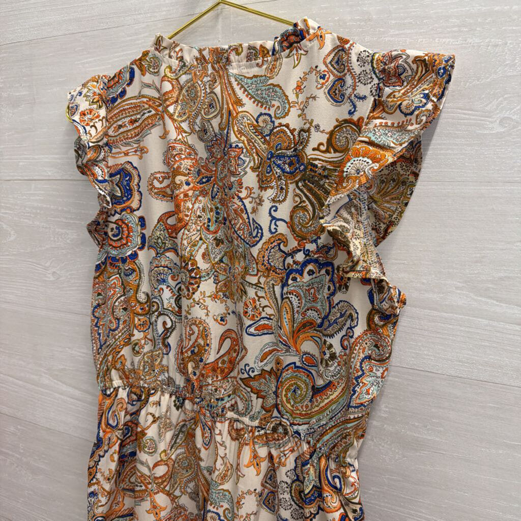 THML White/ Multi Print Short Ruffle Sleeve Dress Extra Small