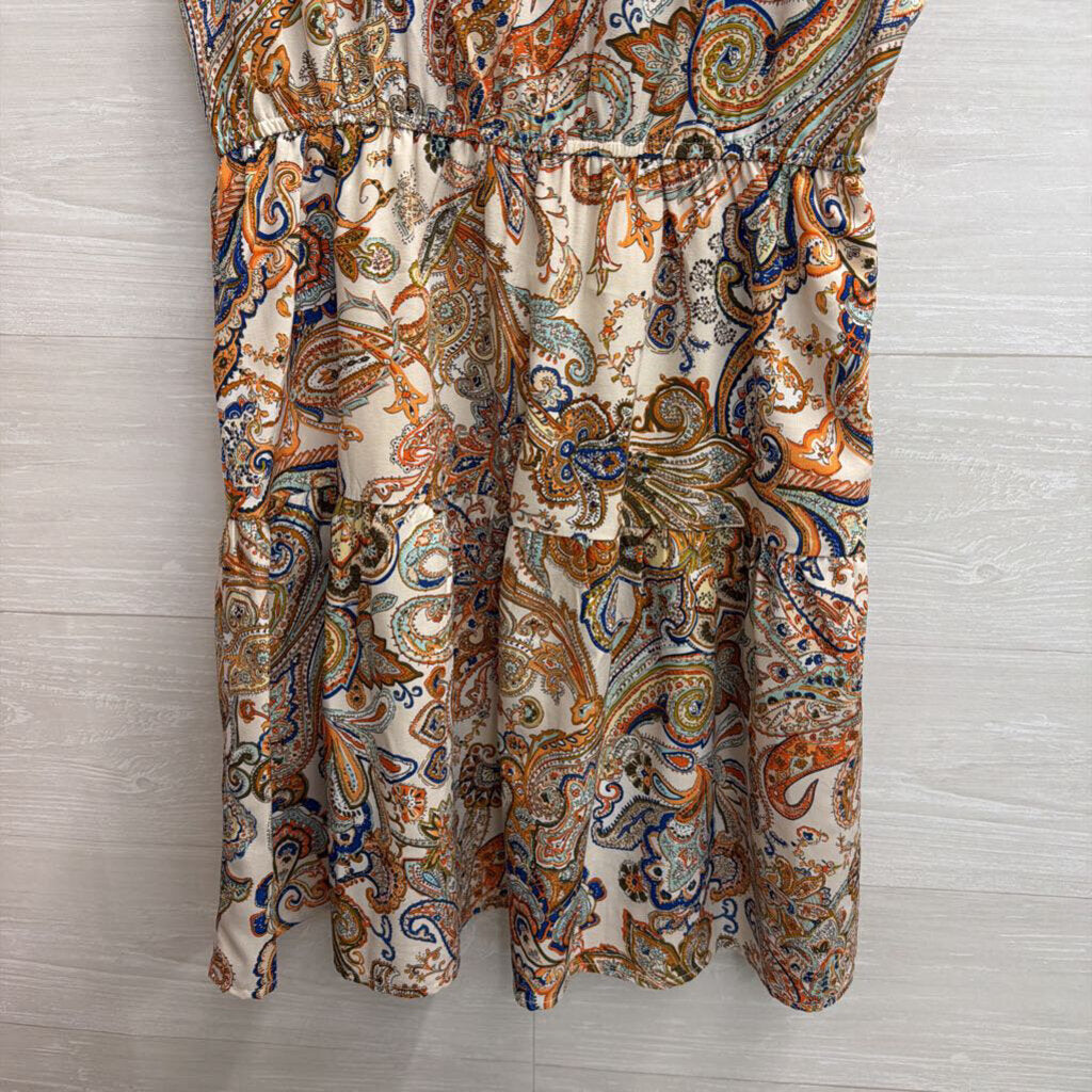 THML White/ Multi Print Short Ruffle Sleeve Dress Extra Small