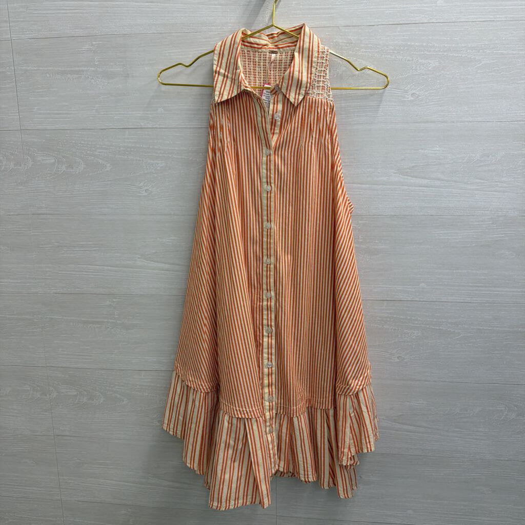 Free People Orange/ Cream 'Be Real' Striped Sleeveless Button Down Dress Extra Small