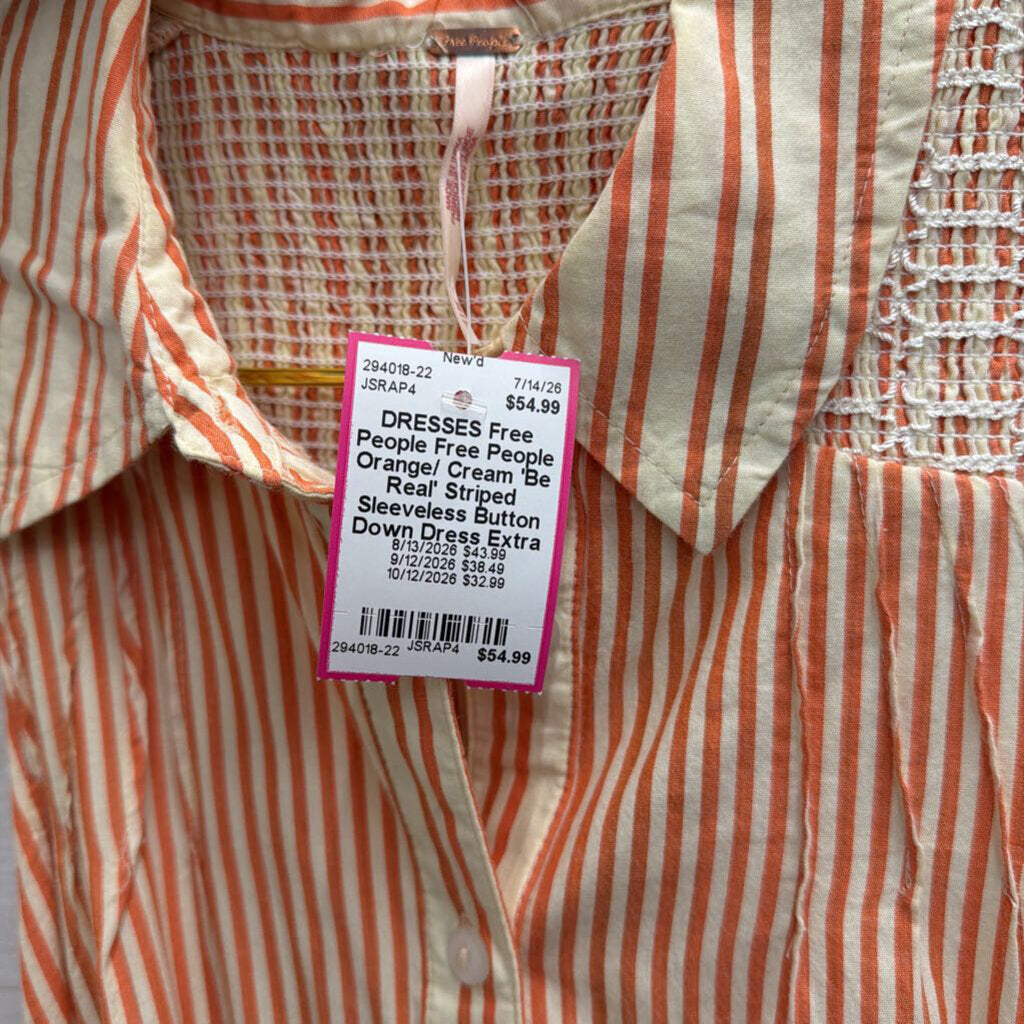 Free People Orange/ Cream 'Be Real' Striped Sleeveless Button Down Dress Extra Small