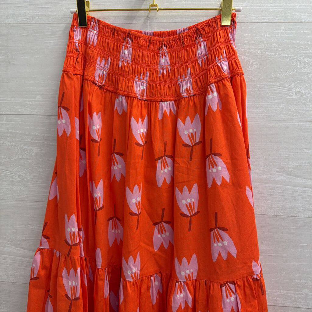 Karlie Orange Print Smocked Waist Maxi Skirt Small
