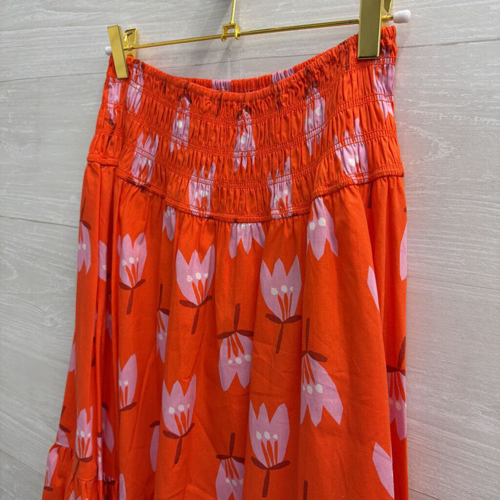 Karlie Orange Print Smocked Waist Maxi Skirt Small
