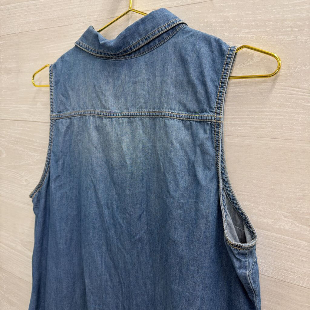 Ana Blue Chambray Sleeveless Button Down Top Large