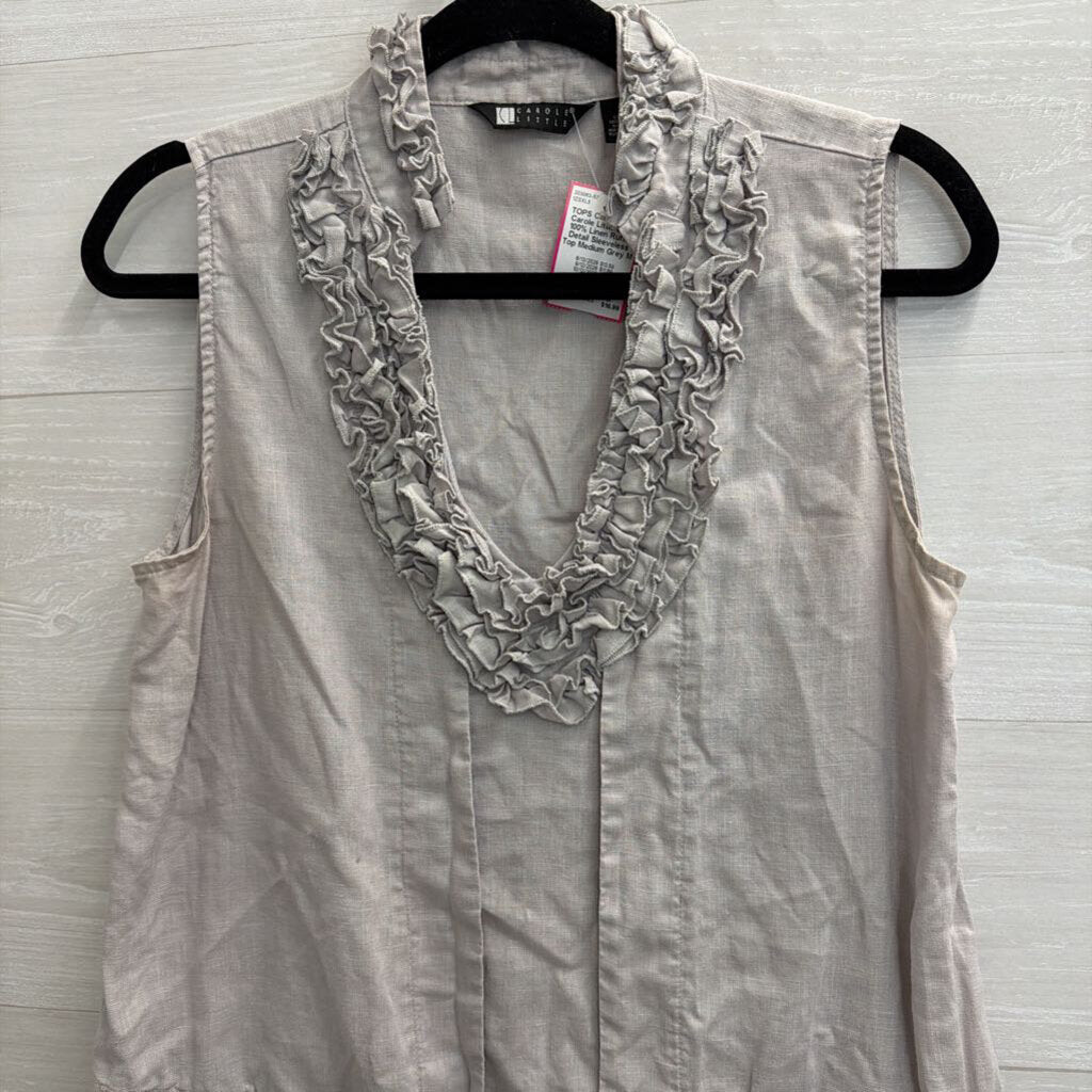 Carole Little Grey 100% Linen Ruffle Detail Sleeveless Top Medium