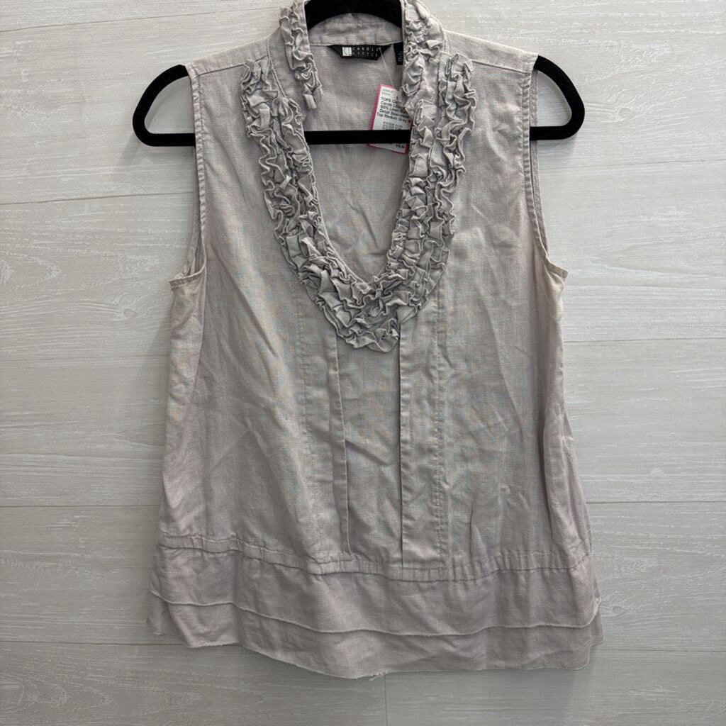 Carole Little Grey 100% Linen Ruffle Detail Sleeveless Top Medium