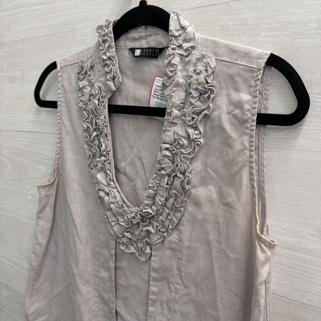 Carole Little Grey 100% Linen Ruffle Detail Sleeveless Top Medium