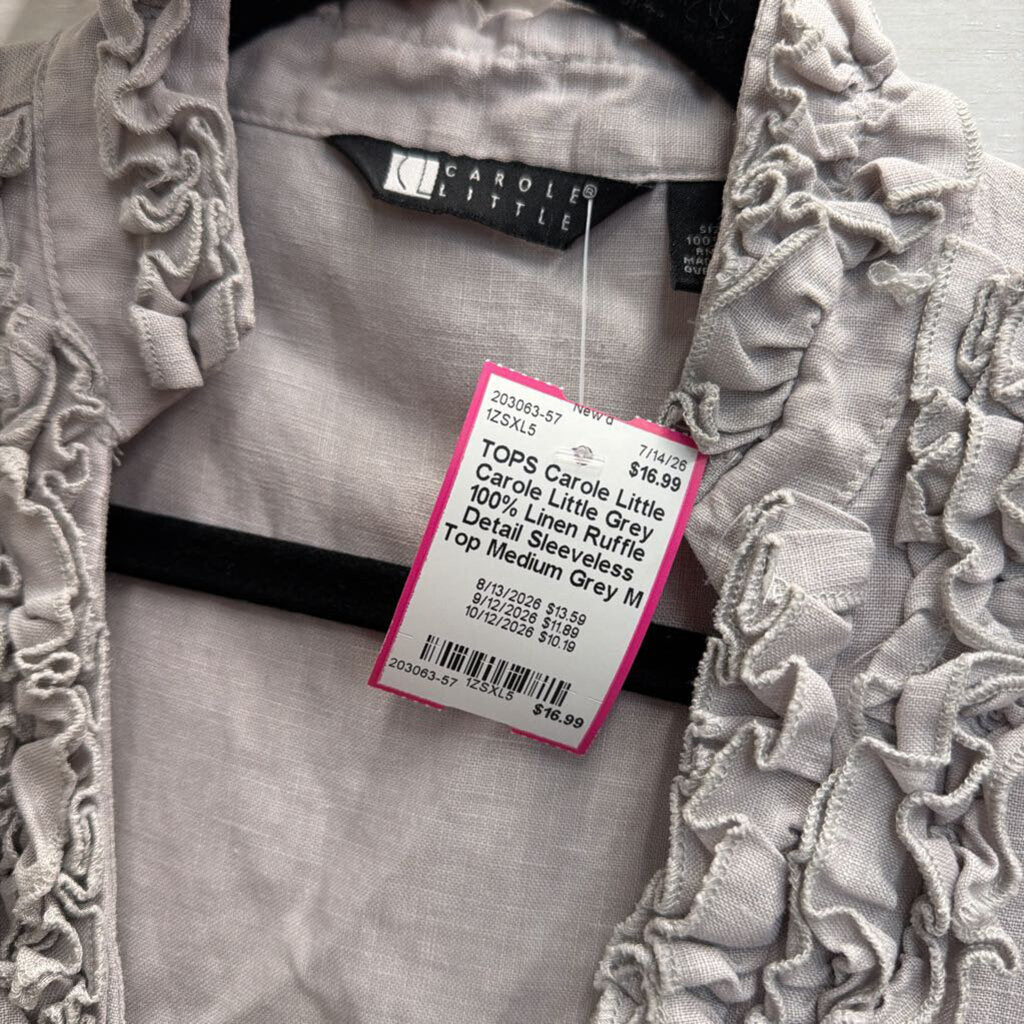 Carole Little Grey 100% Linen Ruffle Detail Sleeveless Top Medium