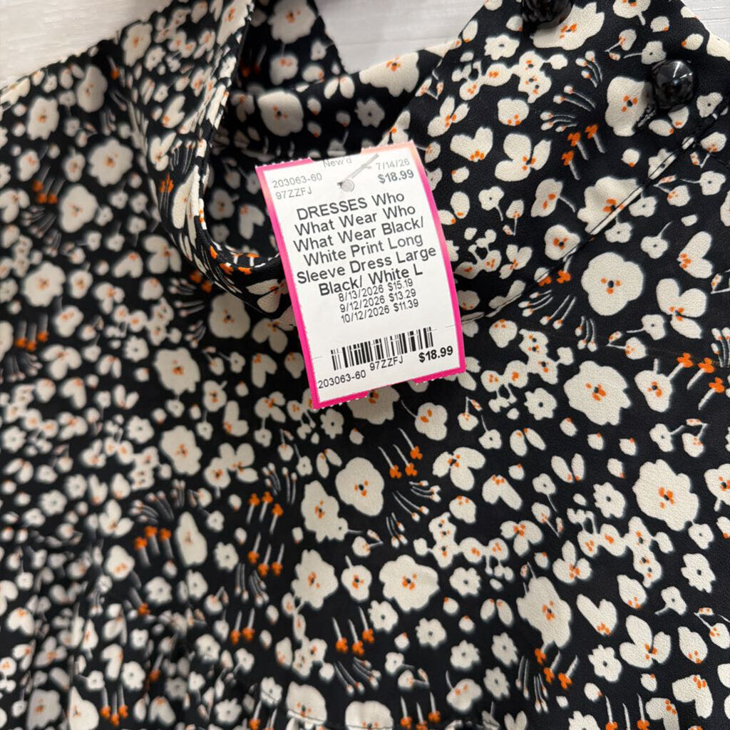 Who What Wear Black/ White Print Long Sleeve Dress Large