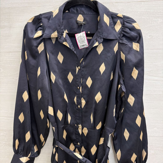 Ann Taylor Navy/ Beige Print Long Sleeve Tie Waist Dress 12