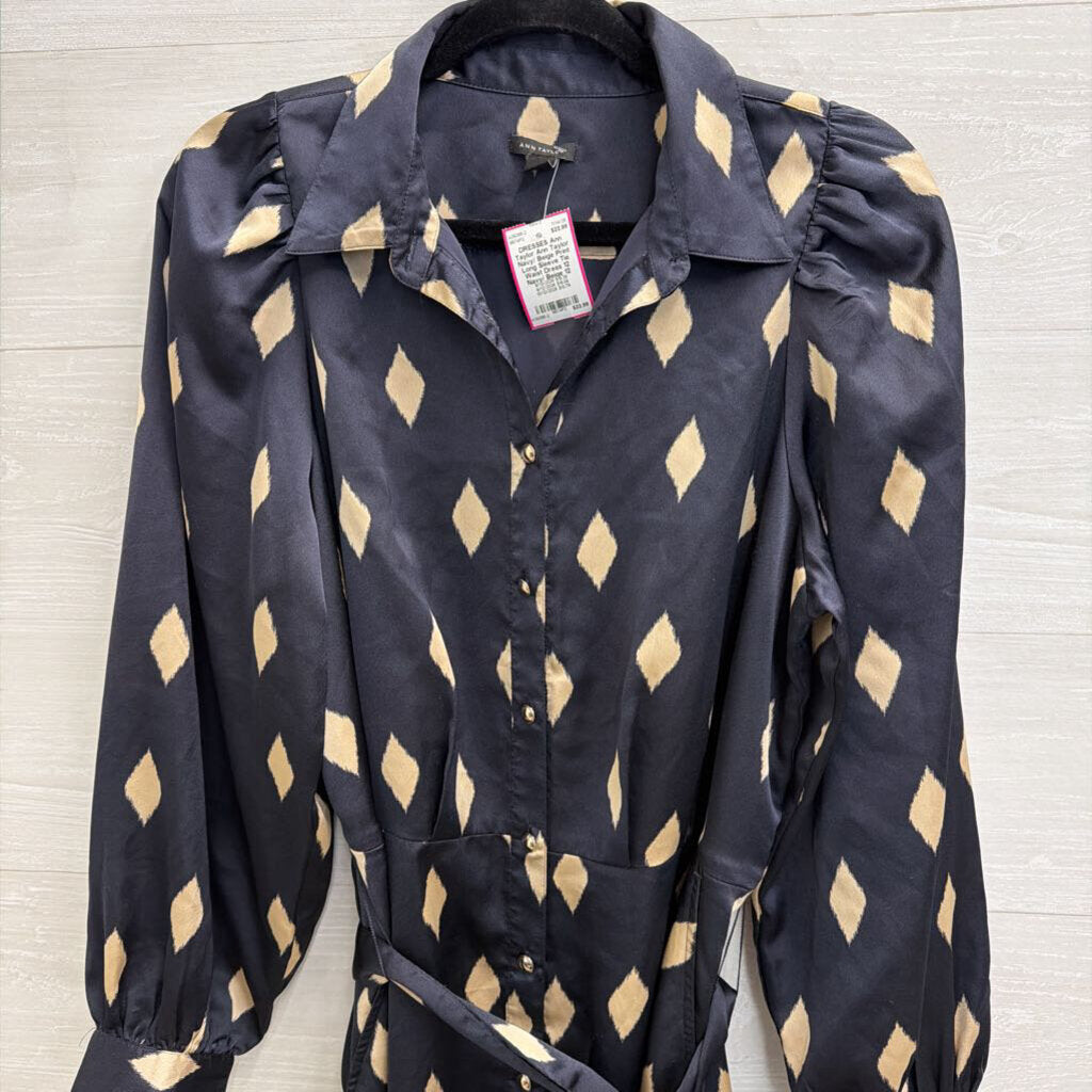 Ann Taylor Navy/ Beige Print Long Sleeve Tie Waist Dress 12