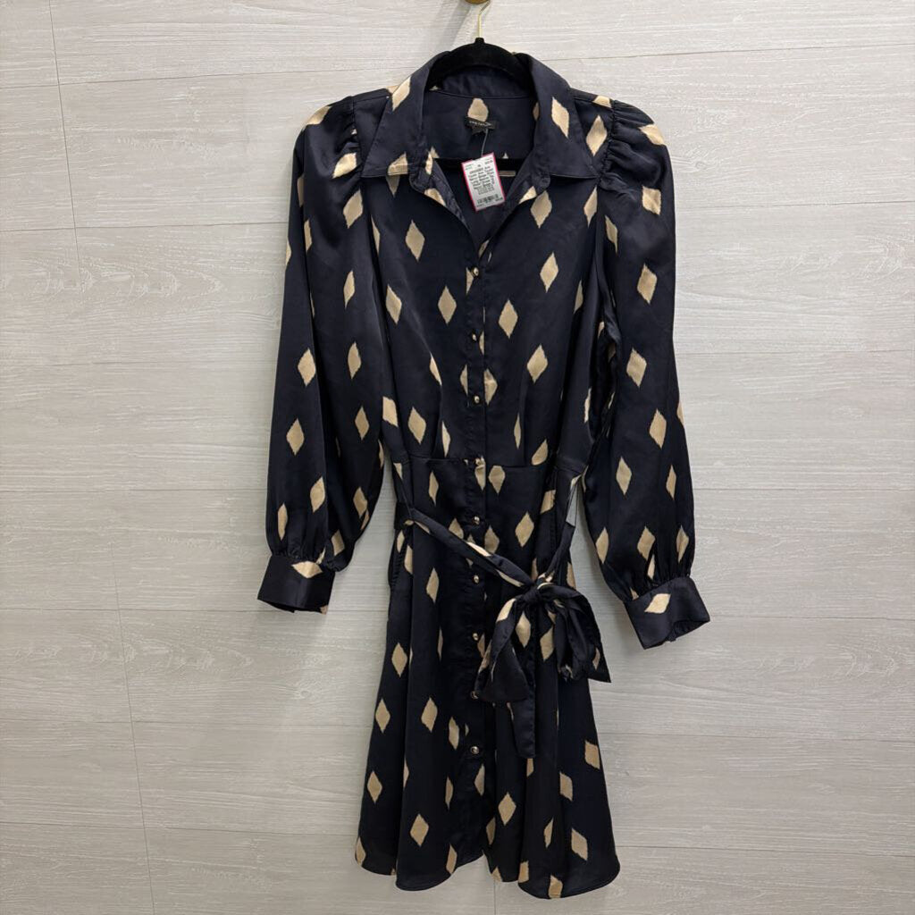 Ann Taylor Navy/ Beige Print Long Sleeve Tie Waist Dress 12