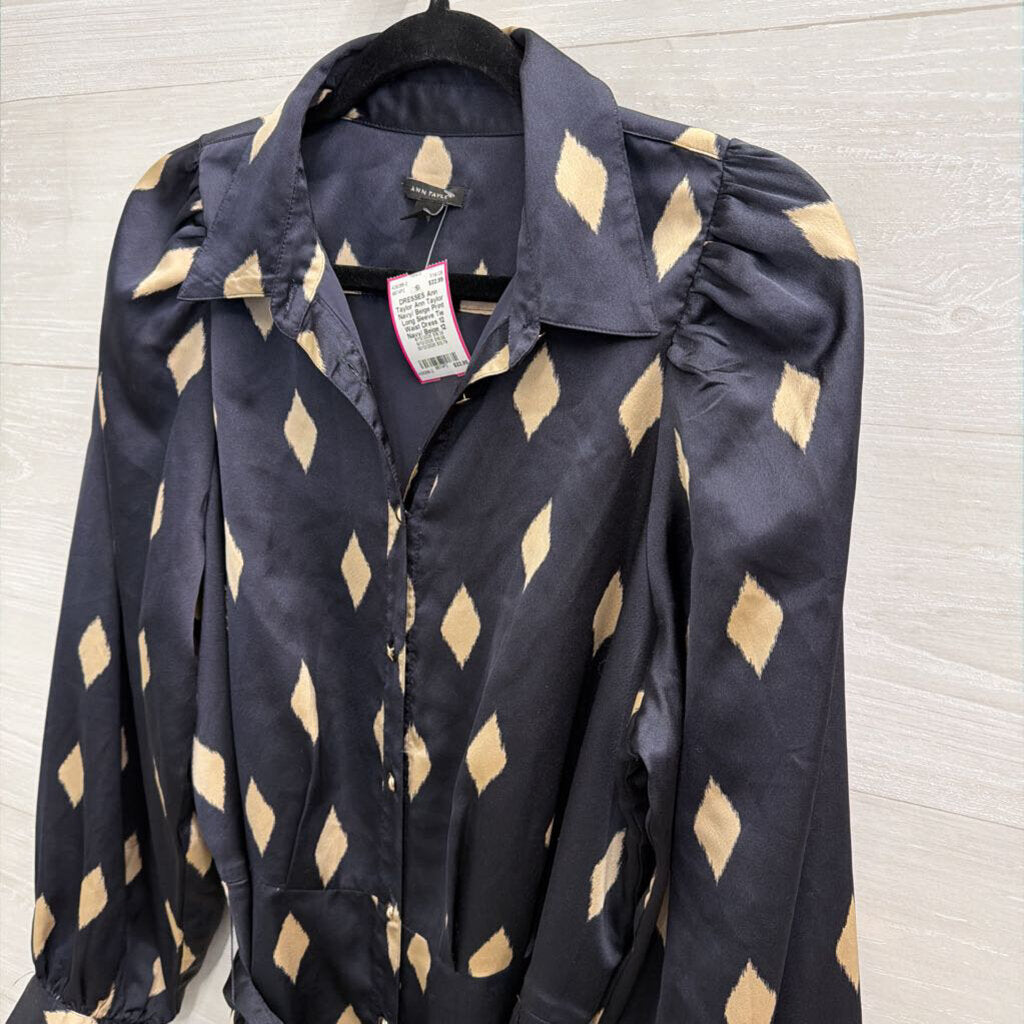 Ann Taylor Navy/ Beige Print Long Sleeve Tie Waist Dress 12