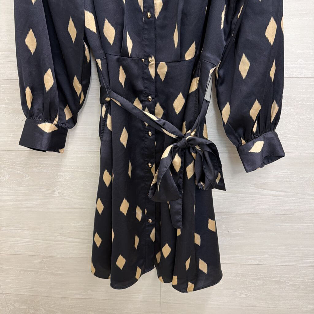 Ann Taylor Navy/ Beige Print Long Sleeve Tie Waist Dress 12