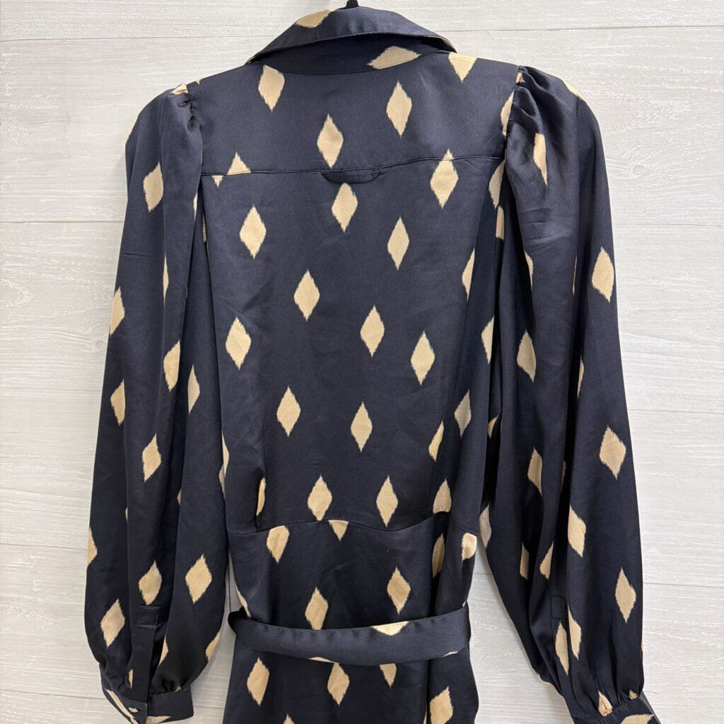 Ann Taylor Navy/ Beige Print Long Sleeve Tie Waist Dress 12