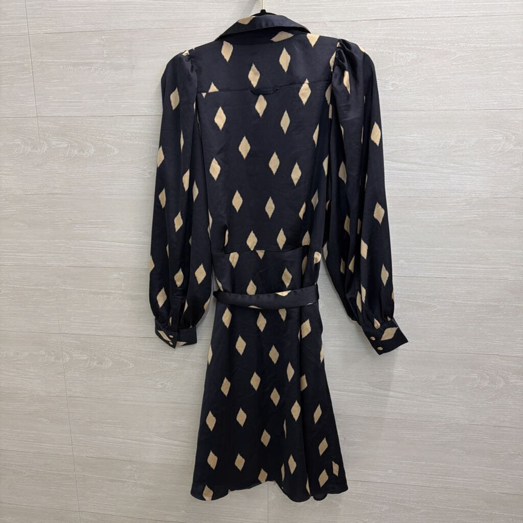 Ann Taylor Navy/ Beige Print Long Sleeve Tie Waist Dress 12