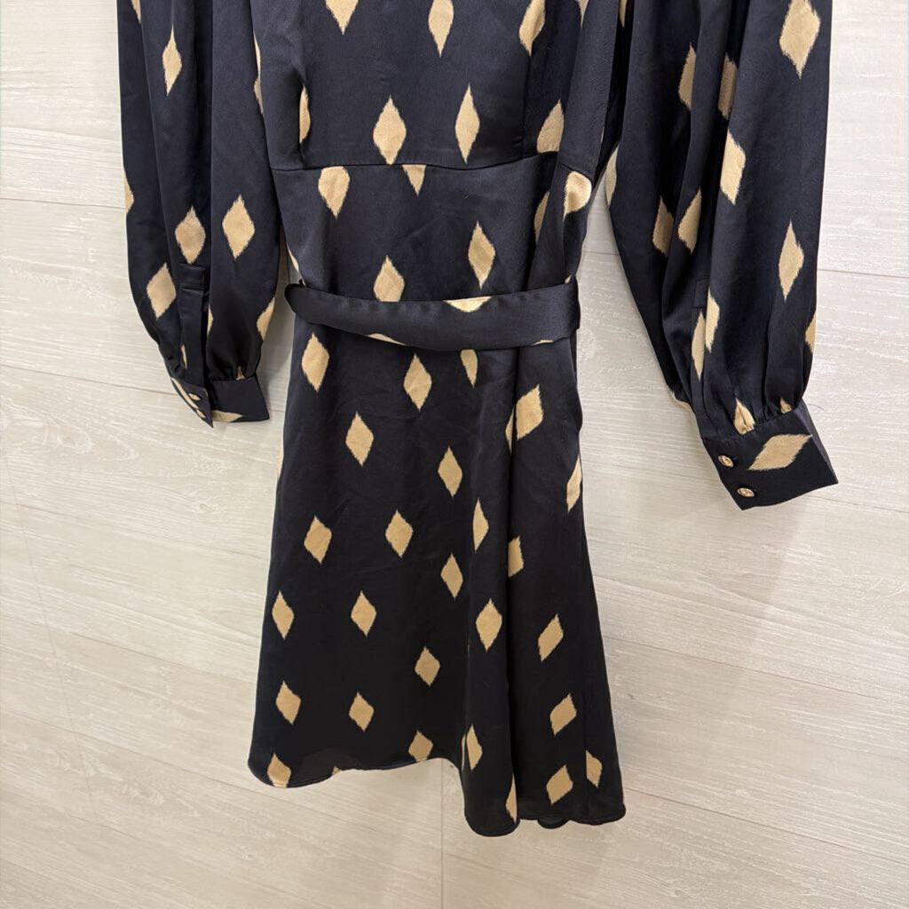 Ann Taylor Navy/ Beige Print Long Sleeve Tie Waist Dress 12