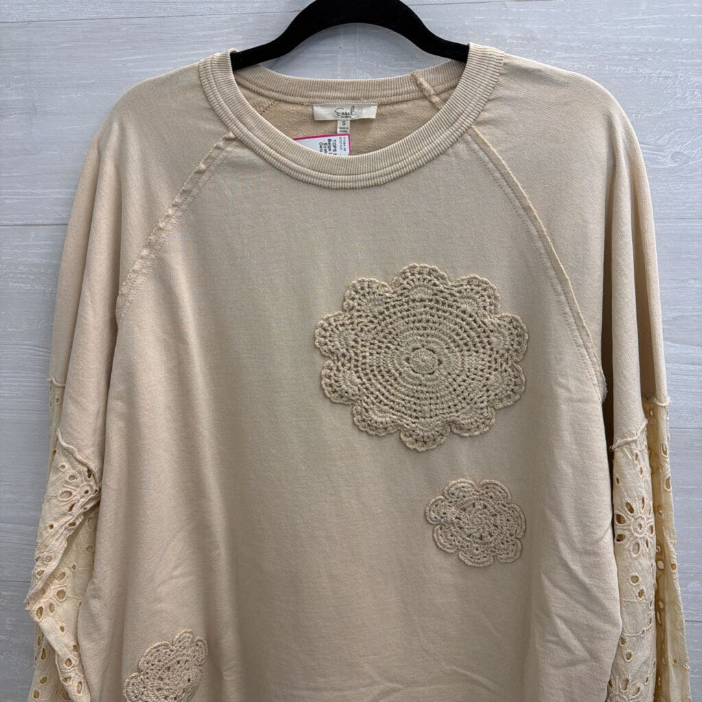 Easel Beige Long Sleeve Eyelet Crochet Detail Top Small