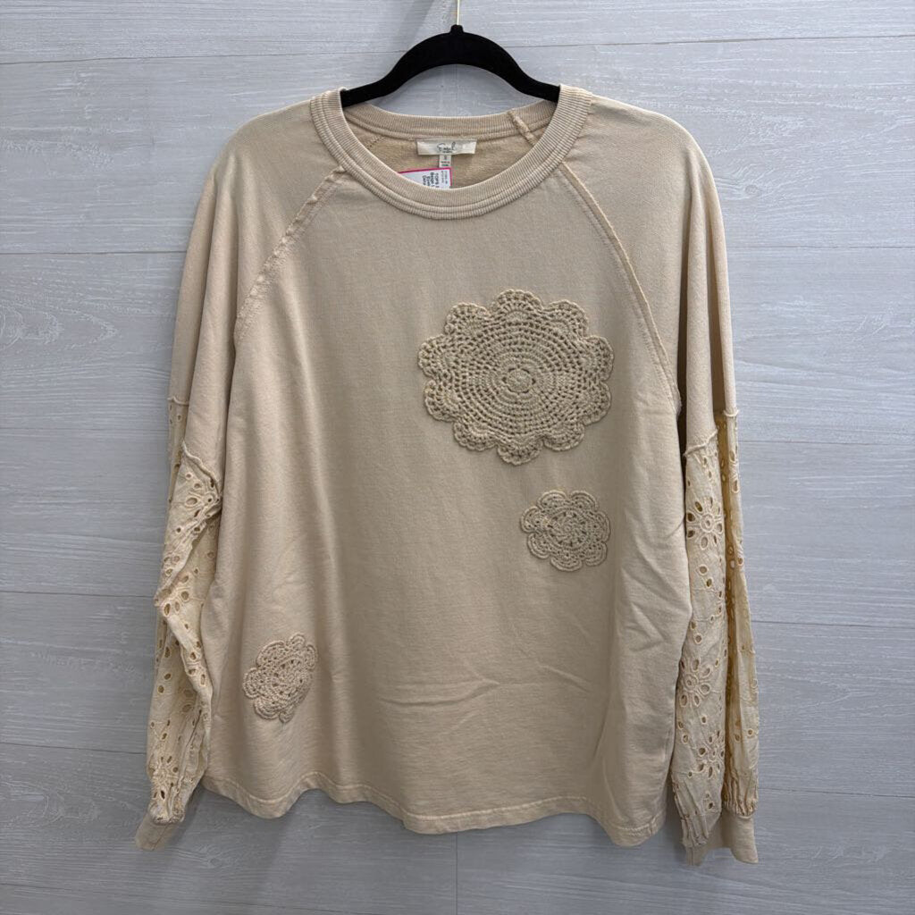 Easel Beige Long Sleeve Eyelet Crochet Detail Top Small