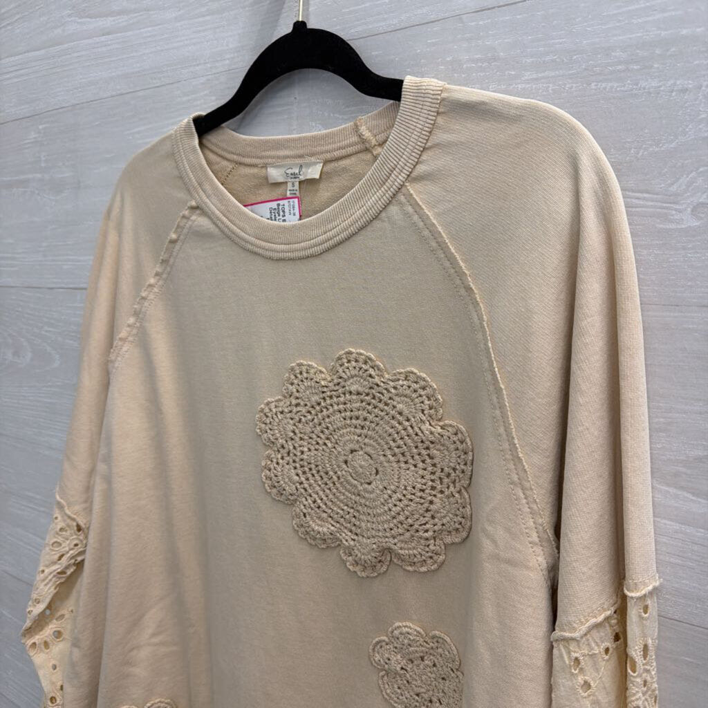 Easel Beige Long Sleeve Eyelet Crochet Detail Top Small