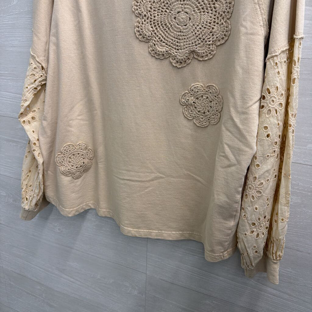 Easel Beige Long Sleeve Eyelet Crochet Detail Top Small