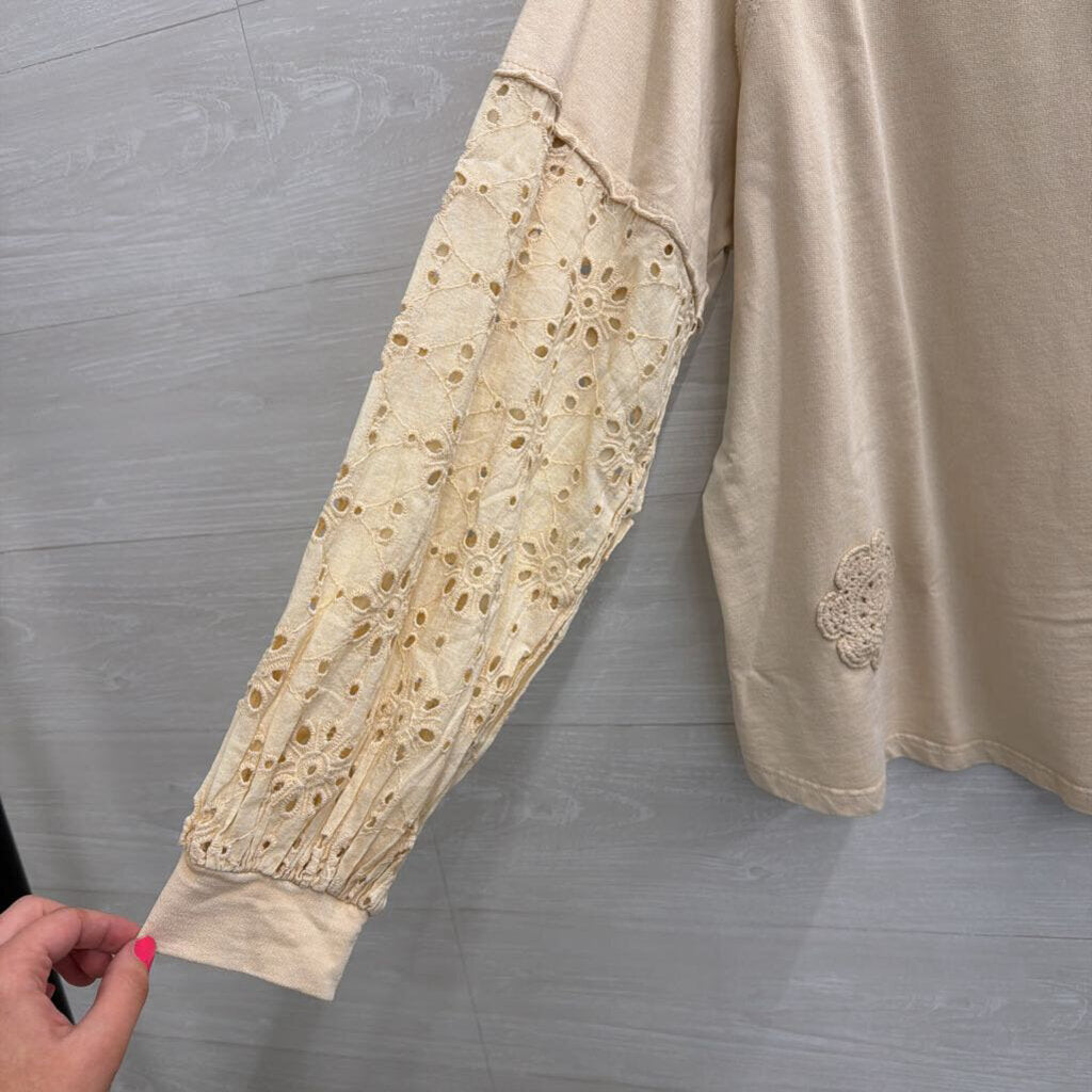 Easel Beige Long Sleeve Eyelet Crochet Detail Top Small
